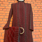 sherwani for men maroon fabric and embroidery texture close-up
