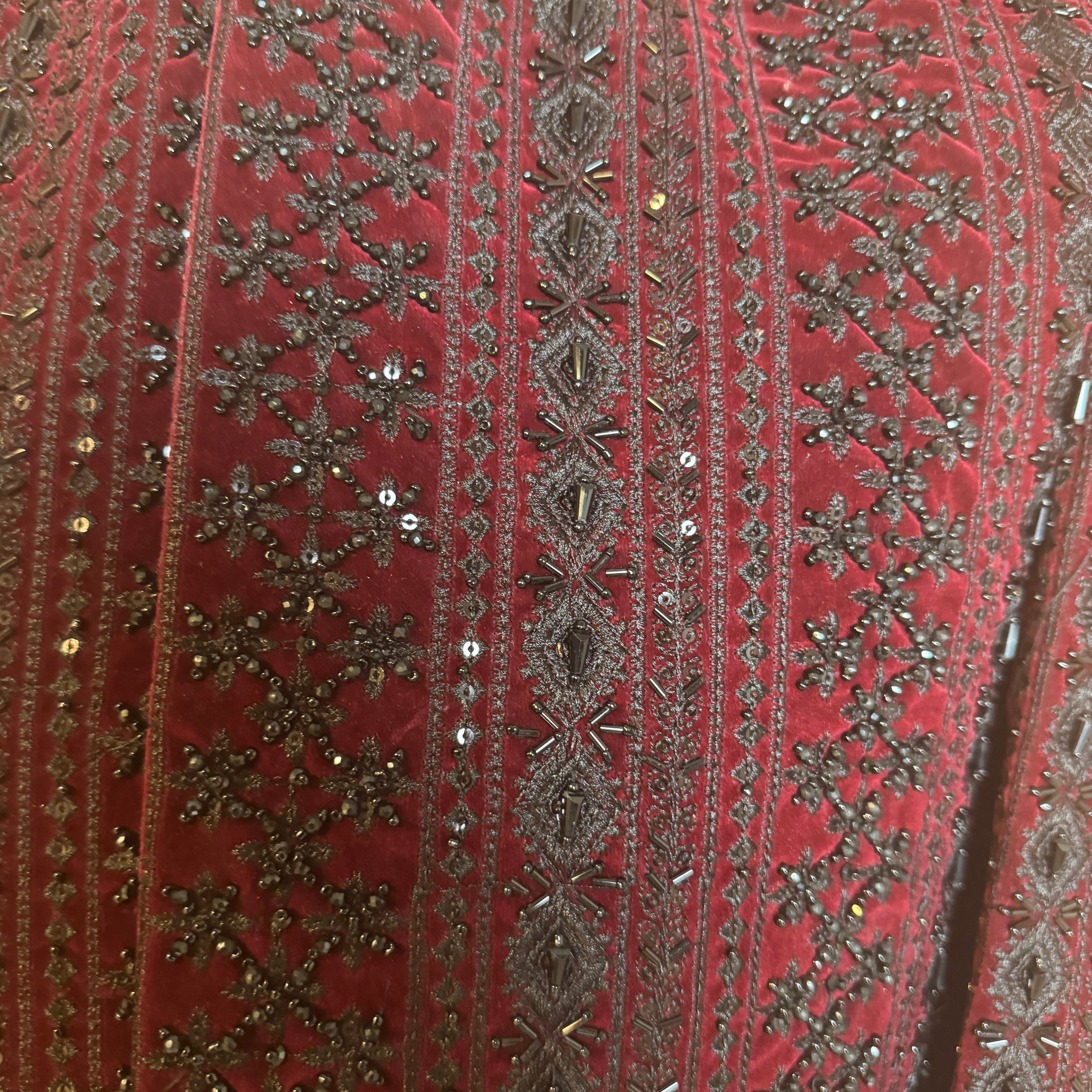 sherwani for men maroon fabric and embroidery texture close-up
