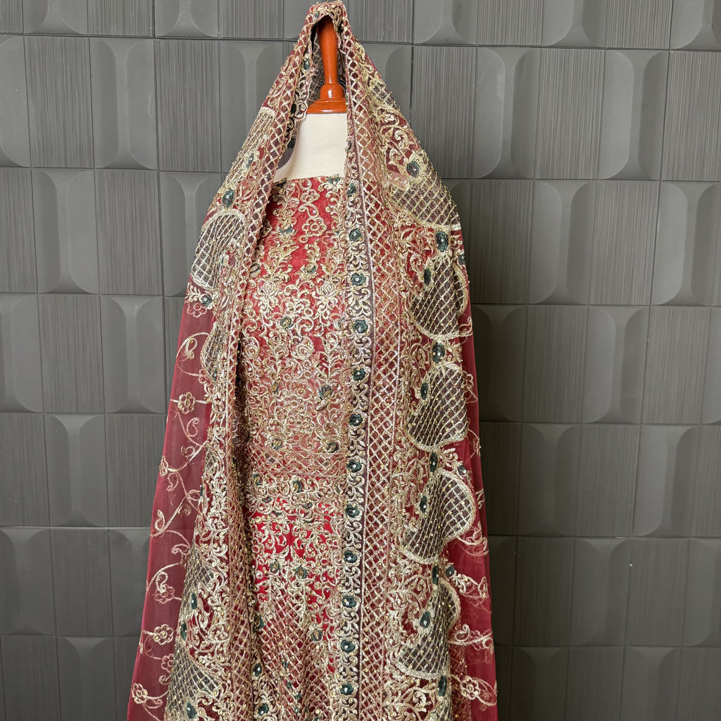 Indian Bridal Lehenga BL005 – Deep Anari Red Net with Machine, Tilla & Embroidery Work