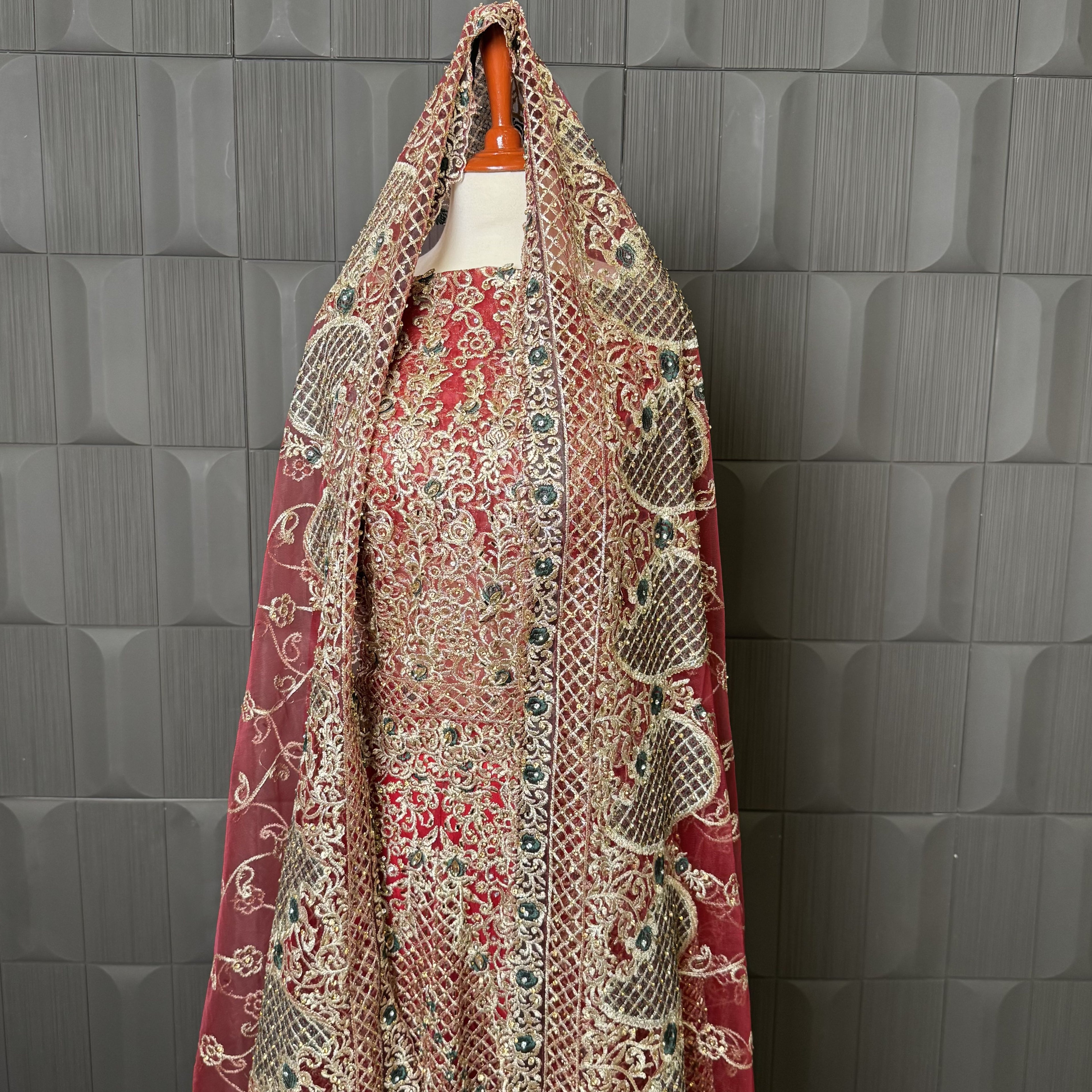 Indian Bridal Lehenga BL005 – Deep Anari Red Net with Machine, Tilla & Embroidery Work