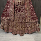 Indian bridal lehenga designs in maroon chiffon with machine tilla and stone embellishments PAKISTAN