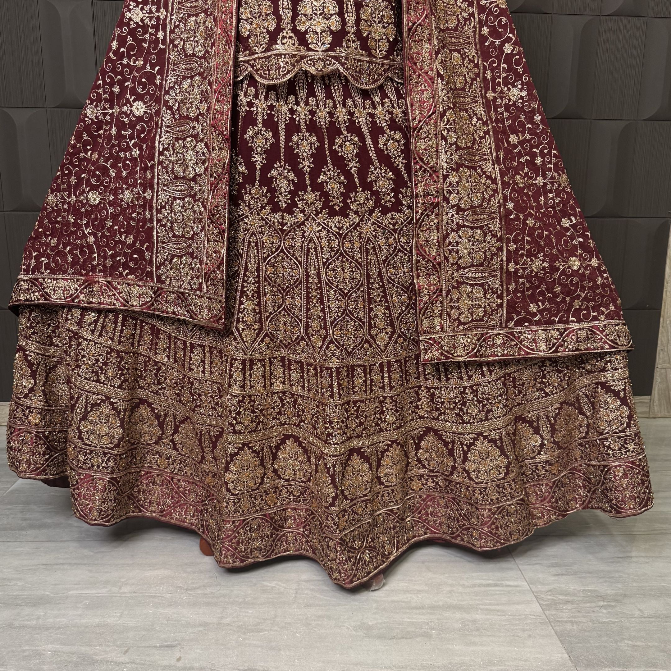 Indian bridal lehenga designs in maroon chiffon with machine tilla and stone embellishments PAKISTAN