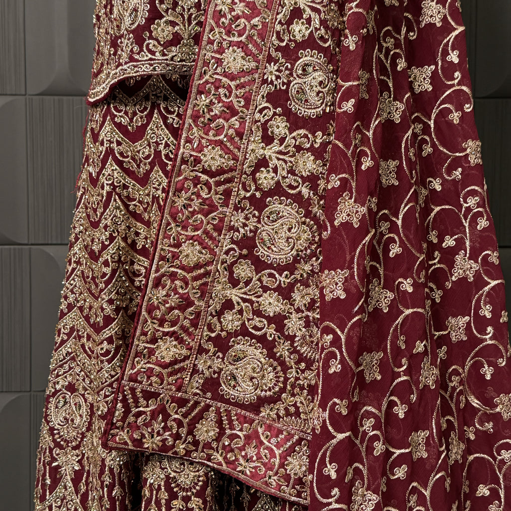 Indian Bridal Lehenga BL004 – Maroon Chiffon with Machine & Stone Work