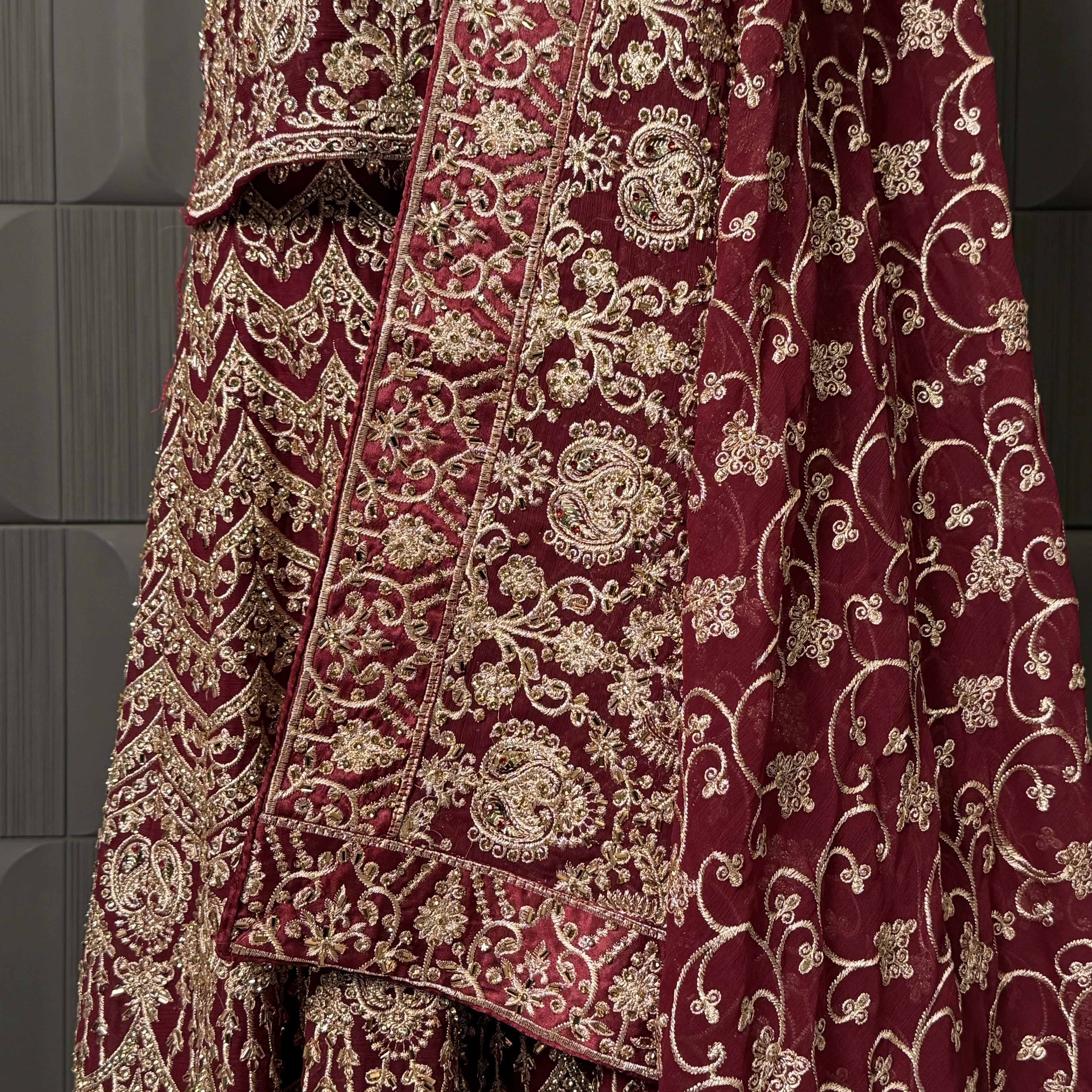 Indian Bridal Lehenga BL004 – Maroon Chiffon with Machine & Stone Work