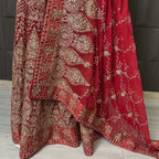 Indian bridal lehenga designs with machine tilla and stone work in deep red