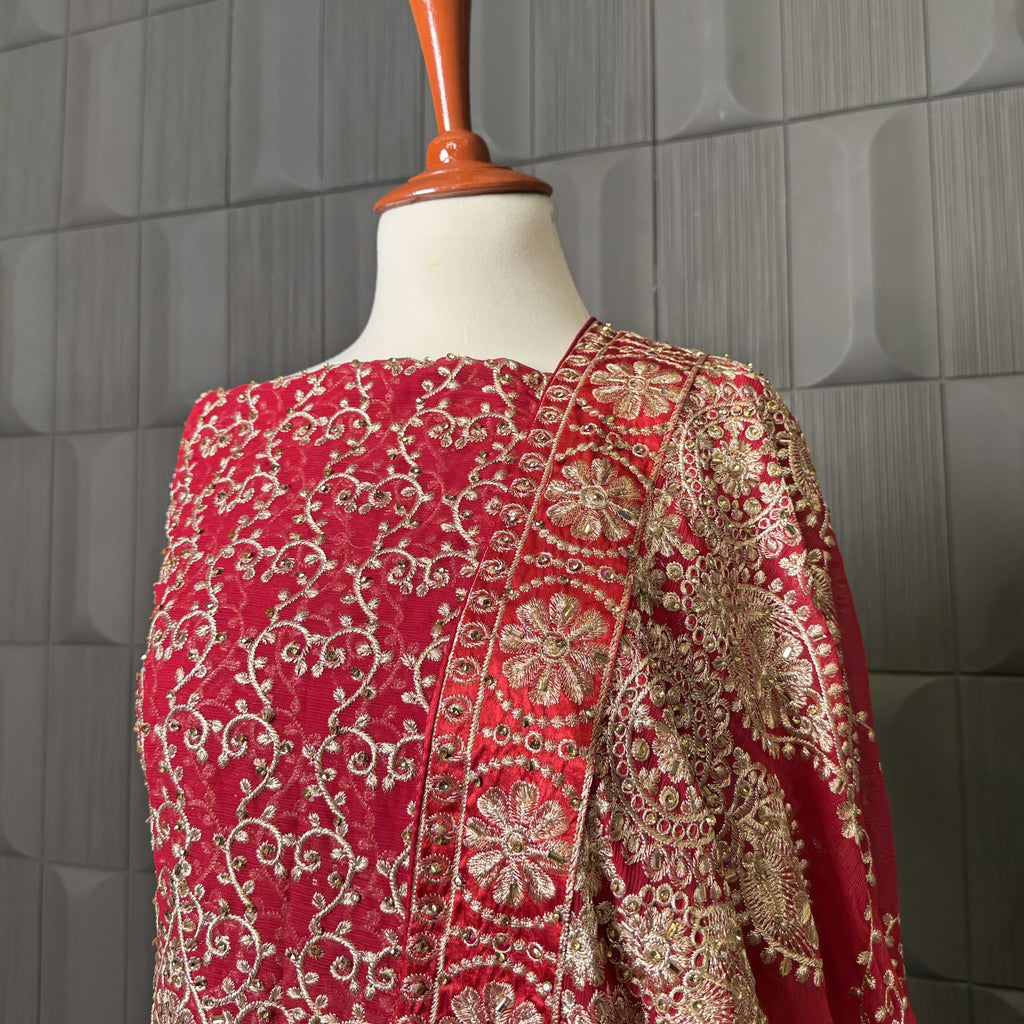 Bridal lehenga pakistani shirt with tilla work and machine embroidery front and back