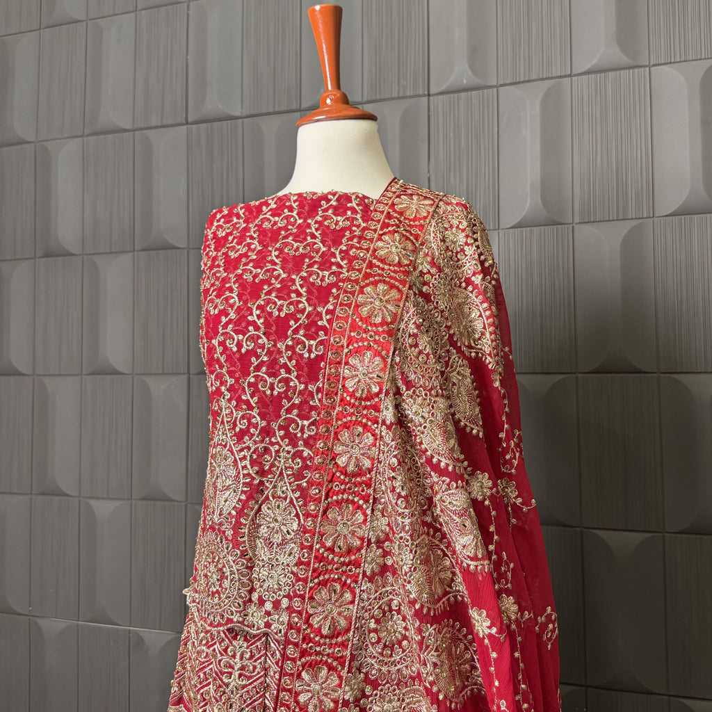 Indian Bridal Lehenga BL006 – Red Chiffon with Machine & Tilla Work