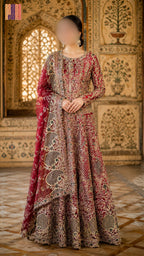 Traditional embroidered outfit with intricate patterns in a decorative interior setting