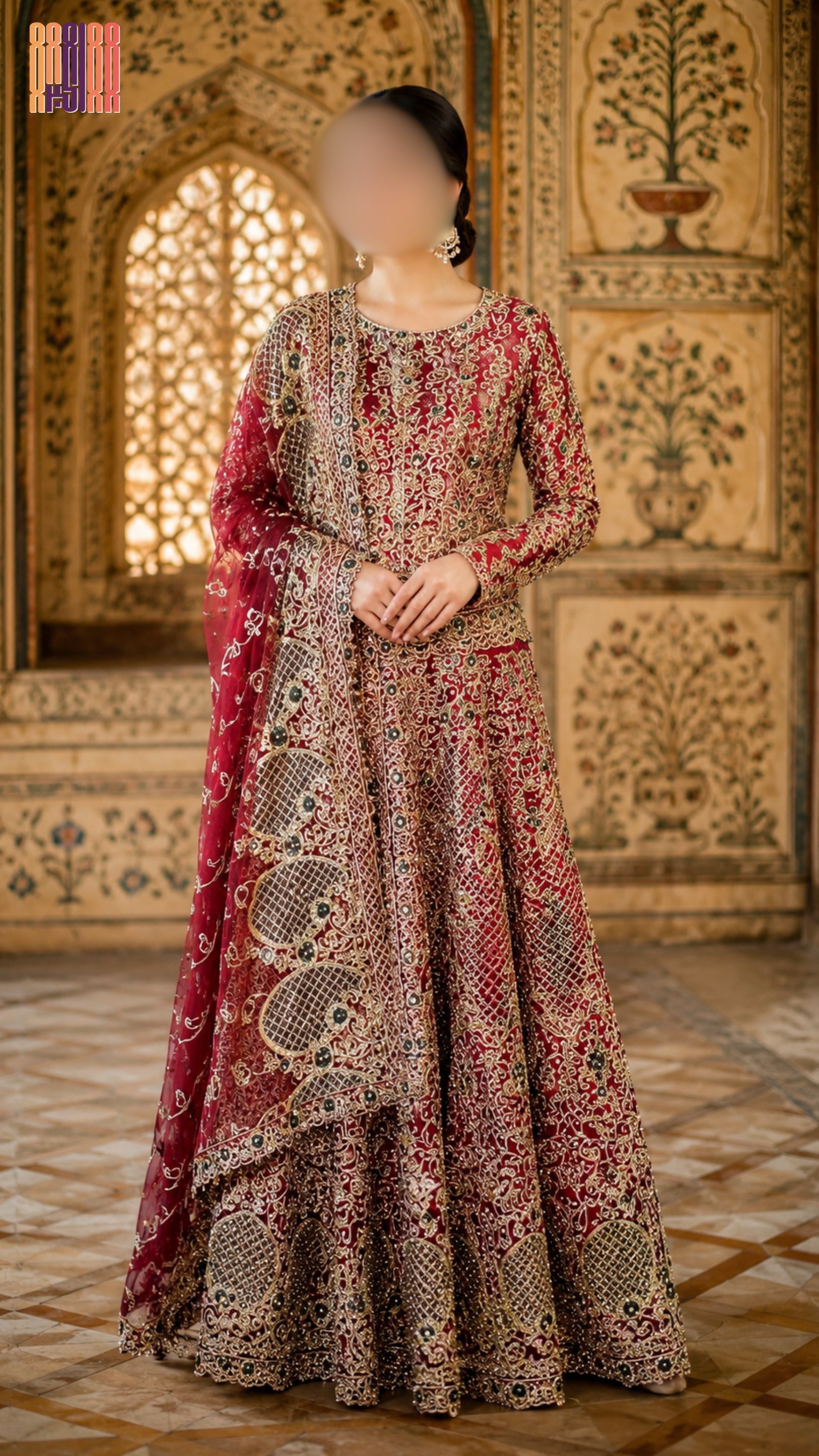 Traditional embroidered outfit with intricate patterns in a decorative interior setting