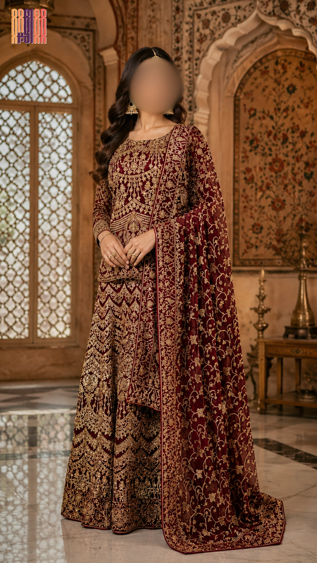 Indian bridal lehenga in maroon chiffon with machine and stone work IN PAKISTAN PRICE