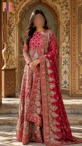 Indian bridal lehenga in deep red chiffon with machine and tilla work PAKISTAN