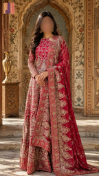 Indian bridal lehenga in deep red chiffon with machine and tilla work PAKISTAN