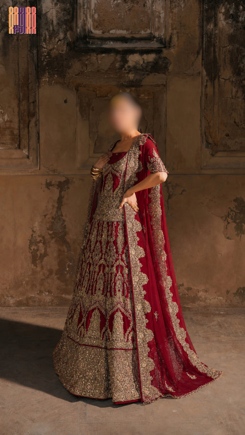 Bridal lehenga hand work BL025 full view – deep anari red semi pure crinkle chiffon with kora dabka pearl embroidery Pakistani wedding
