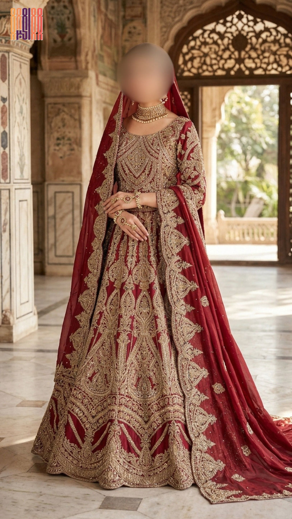 Bridal lehenga Pakistani BL035 full view – deep Anari red tissue silk hand embroidery dabka nakshi crystals bridal lehenga choli Pakistani
