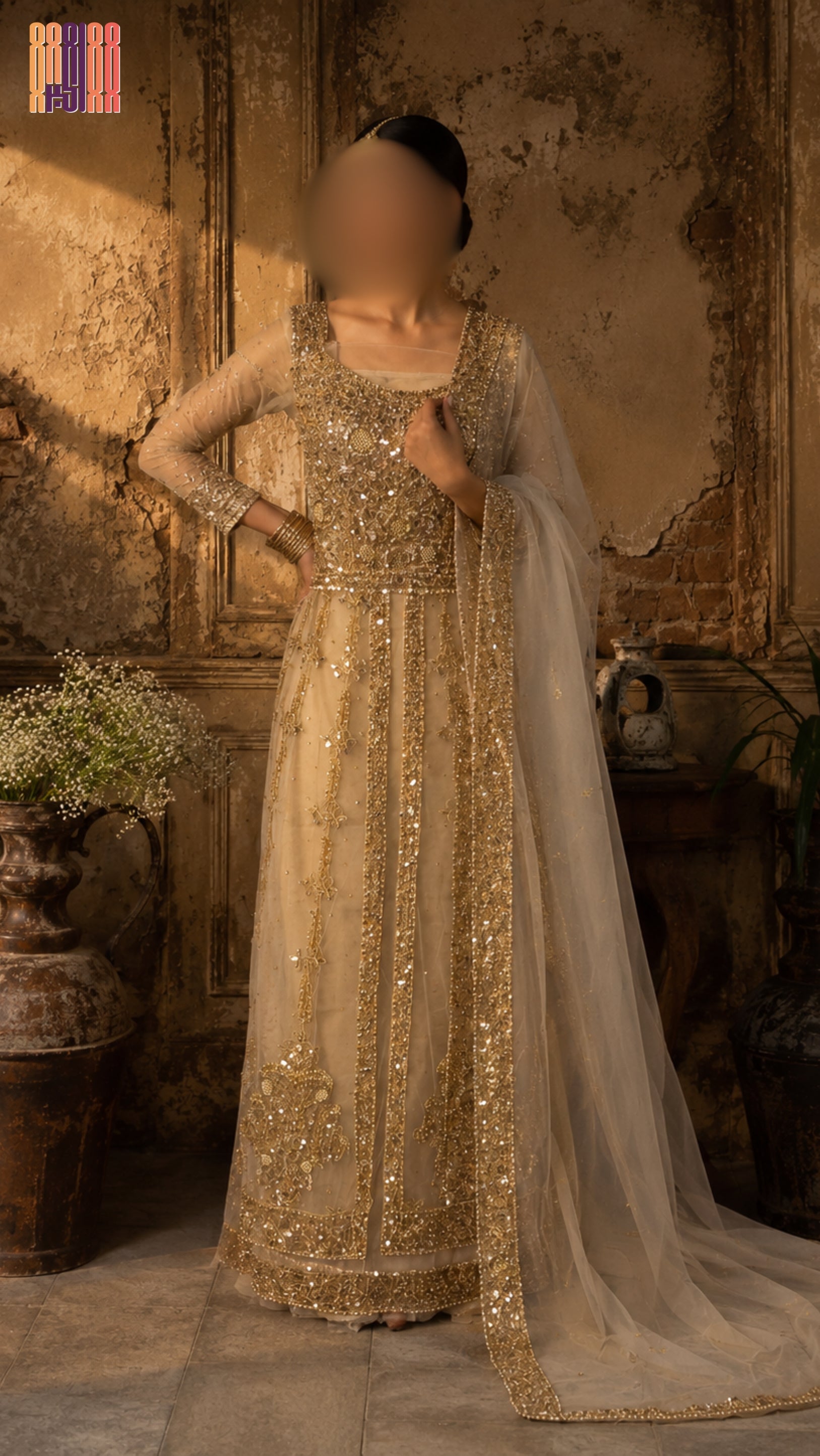 Bridal maxi BM013 full view – skin gold net with nakshi pearls crystal sequin hand work Pakistani wedding maxi dress
