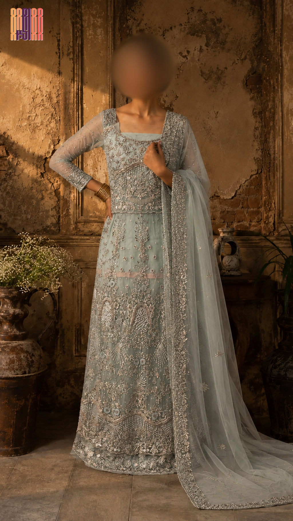 Bridal maxi BM014 full view – ice blue net with kora nakshi pearls sequin hand work Pakistani wedding maxi dress
