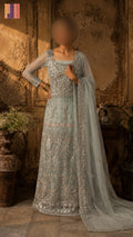 Bridal maxi BM014 full view – ice blue net with kora nakshi pearls sequin hand work Pakistani wedding maxi dress
