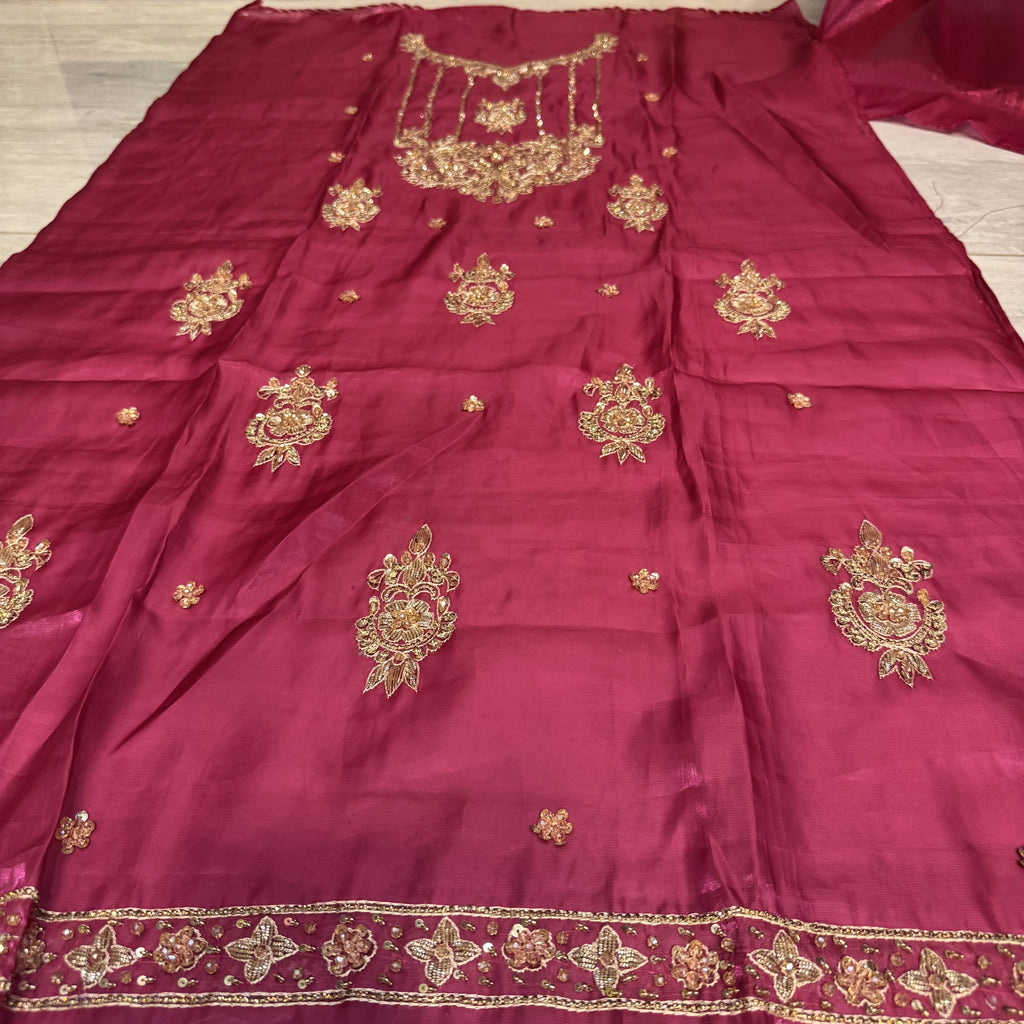 Back view of shocking pink 4-piece unstitched party wear suit in Sheesha silk with handwork – PW001