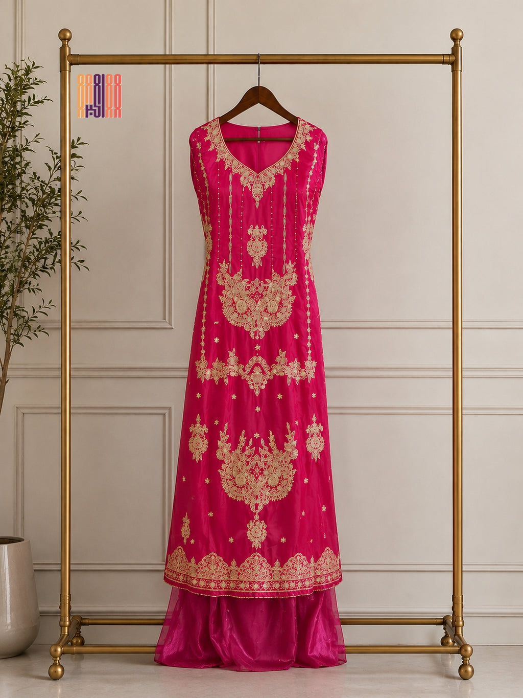 A bright pink traditional dress with intricate gold embroidery displayed on a wooden hanger hanging from a gold clothing rack, set against a light beige paneled wall.