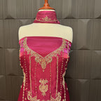 Close-up of kora nakshi jewelry material and sequence handwork on shocking pink party wear shirt – The Akbar Mall