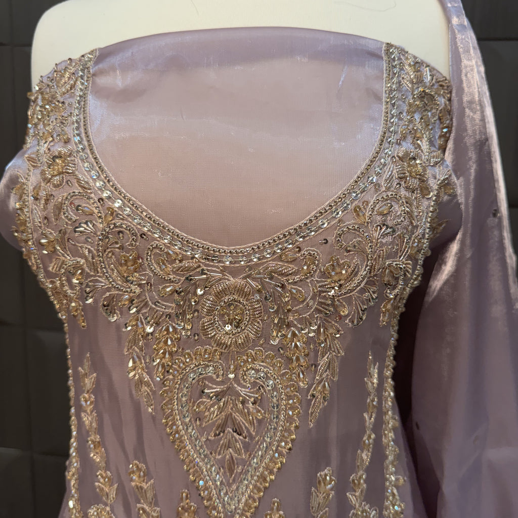 Party Wear Hand Work 4Pcs Unstitched Suits in Lilac – PW002