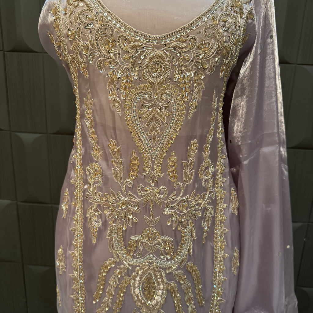 Party Wear Hand Work 4Pcs Unstitched Suits in Lilac – PW002