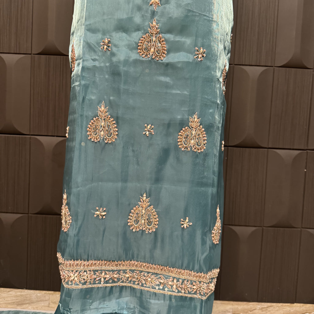 Party Wear Hand Work 4Pcs Unstitched Suit in Aqua Dark Green –  PW004