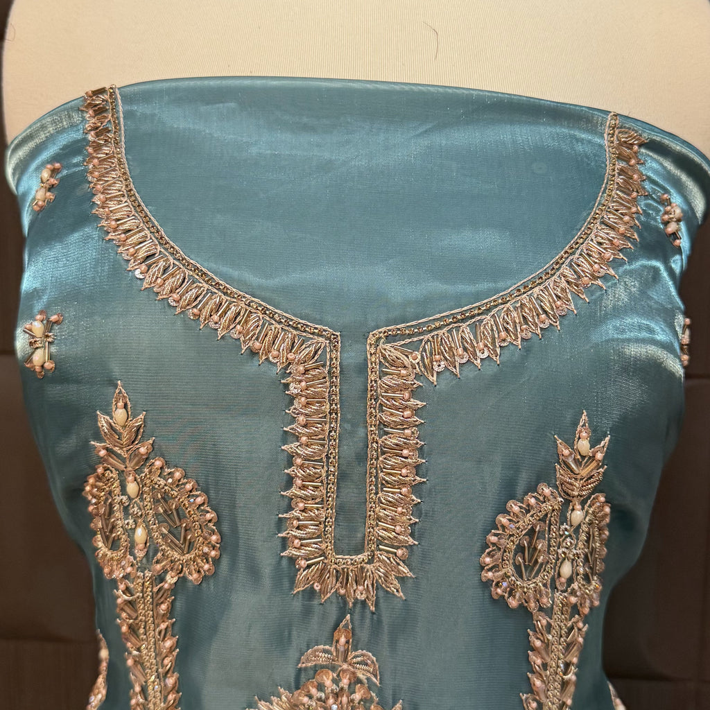 Party Wear Hand Work 4Pcs Unstitched Suit in Aqua Dark Green –  PW004
