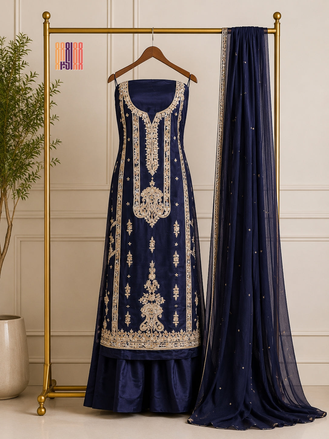 Party Wear Hand Work 4Pcs Unstitched Suit in Blue – PW017