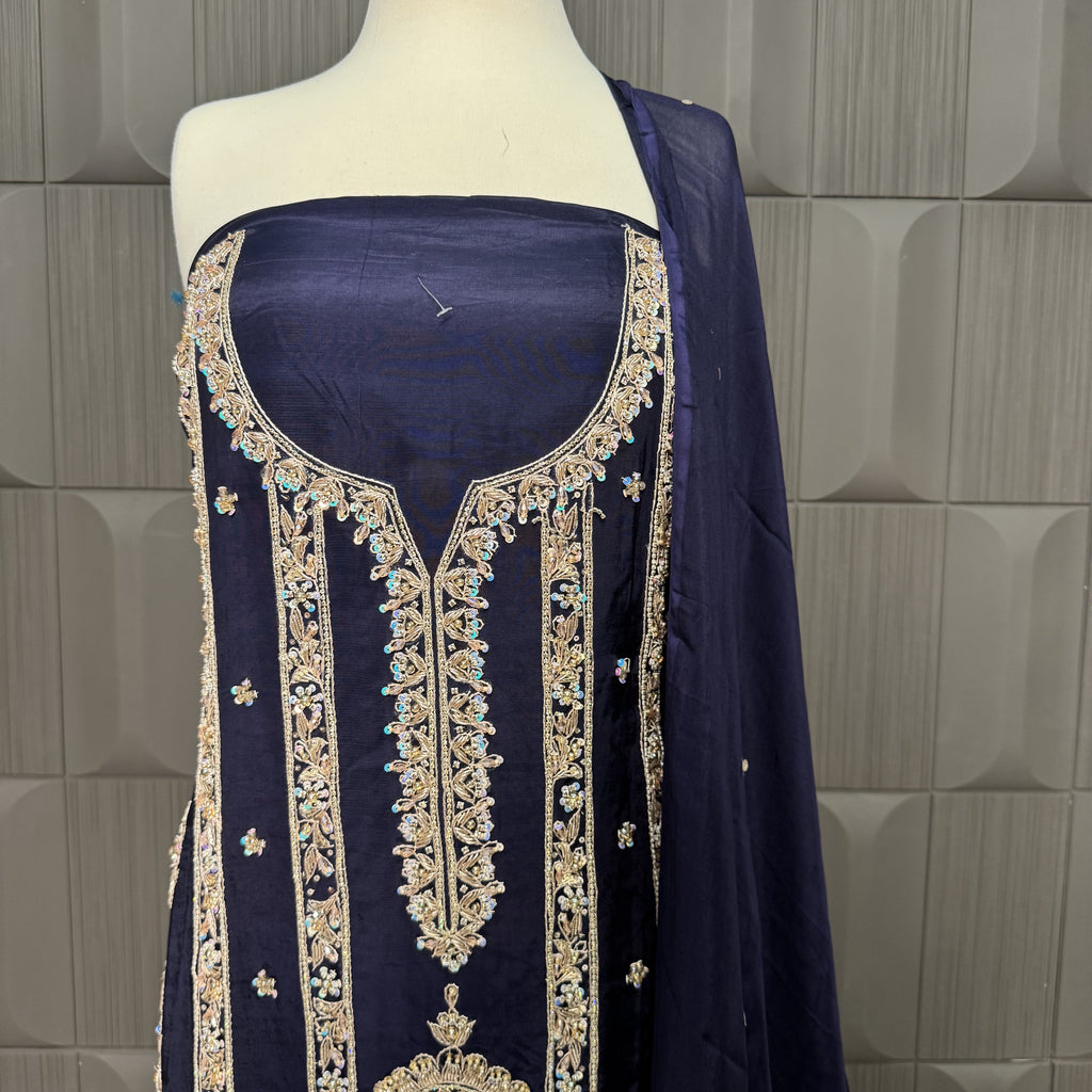 Party Wear Hand Work 4Pcs Unstitched Suit in Blue – PW017