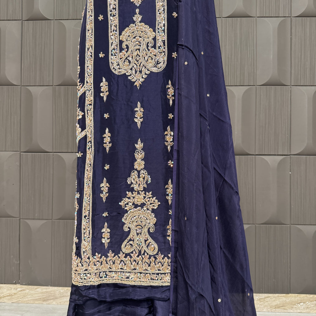 Party Wear Hand Work 4Pcs Unstitched Suit in Blue – PW017