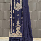 Party Wear Hand Work 4Pcs Unstitched Suit in Blue – PW017
