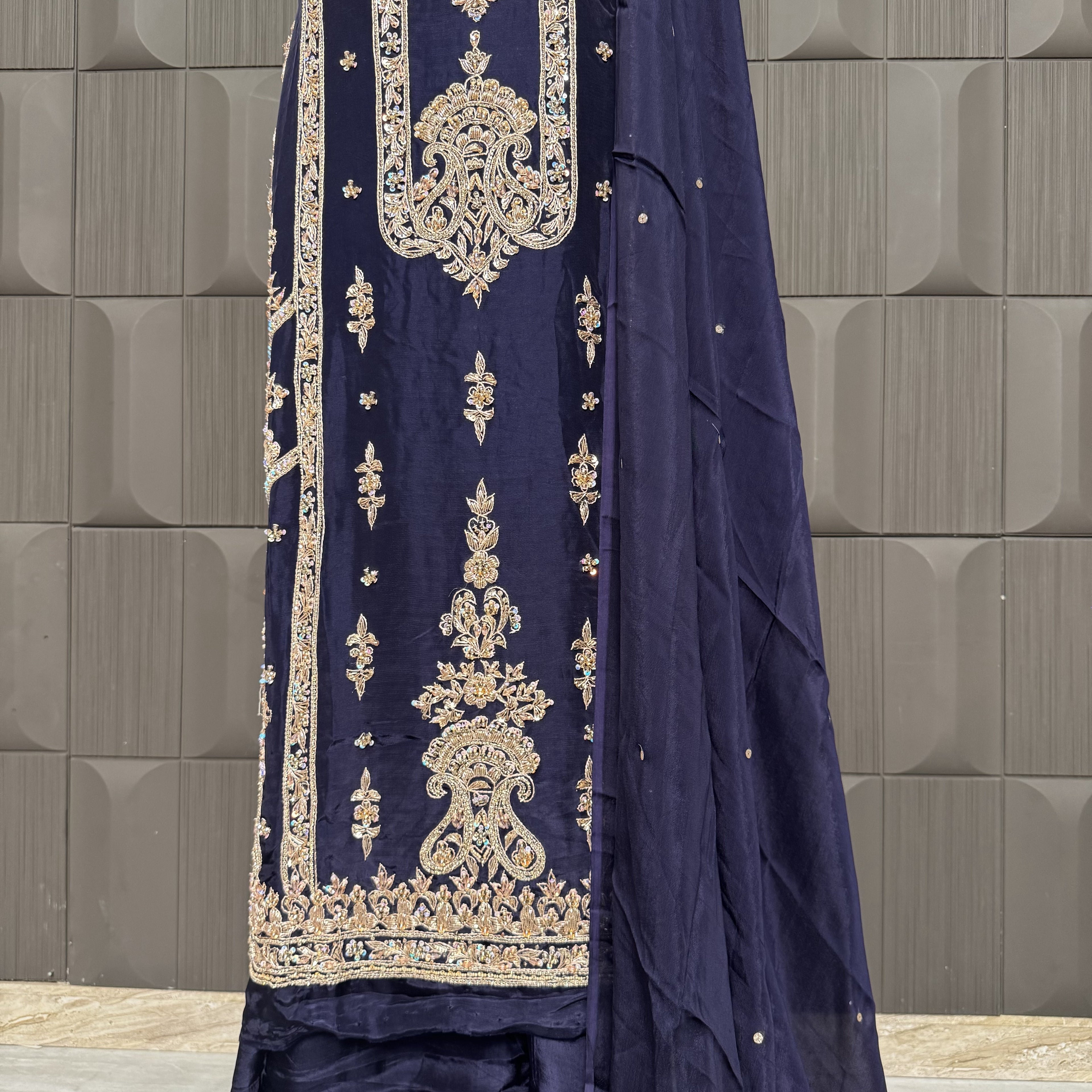 Party Wear Hand Work 4Pcs Unstitched Suit in Blue – PW017