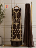 Party Wear Hand Work 4Pcs Unstitched Suit in Chocolate Brown – PW023