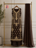 Party Wear Hand Work 4Pcs Unstitched Suit in Chocolate Brown – PW023