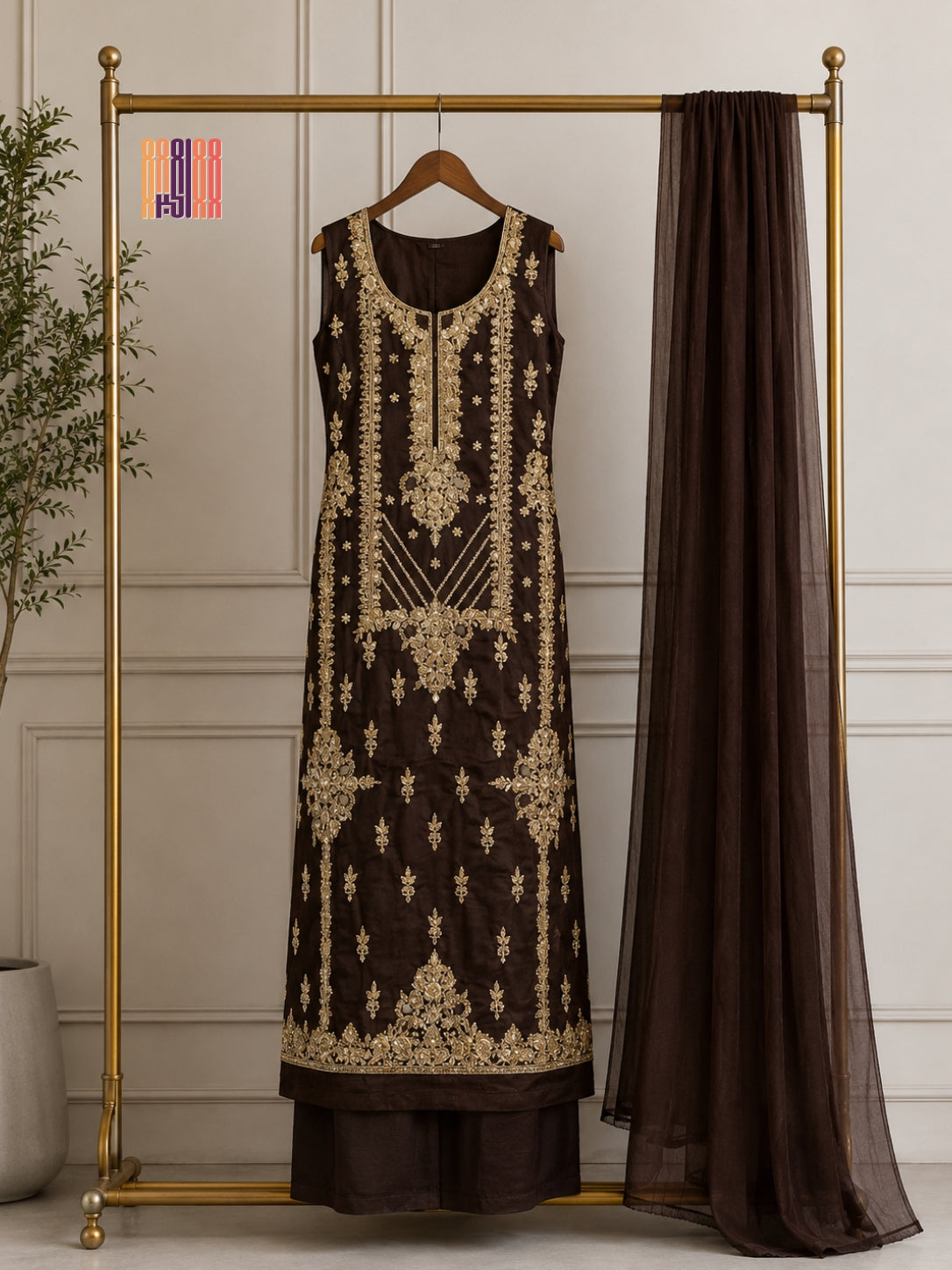 Party Wear Hand Work 4Pcs Unstitched Suit in Chocolate Brown – PW023