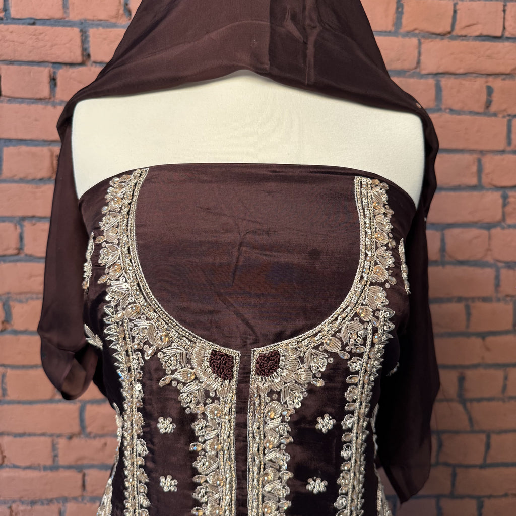 Party Wear Hand Work 4Pcs Unstitched Suit in Chocolate Brown – PW023