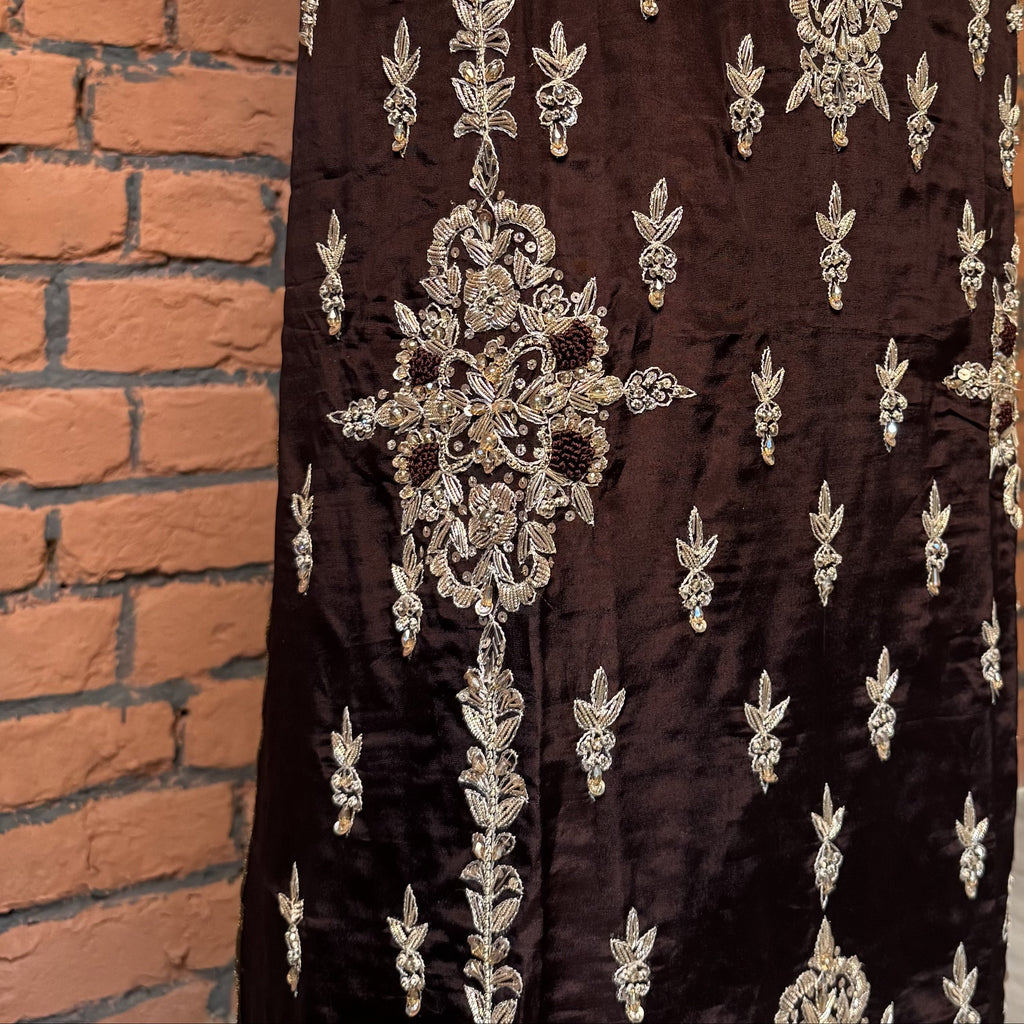Party Wear Hand Work 4Pcs Unstitched Suit in Chocolate Brown – PW023