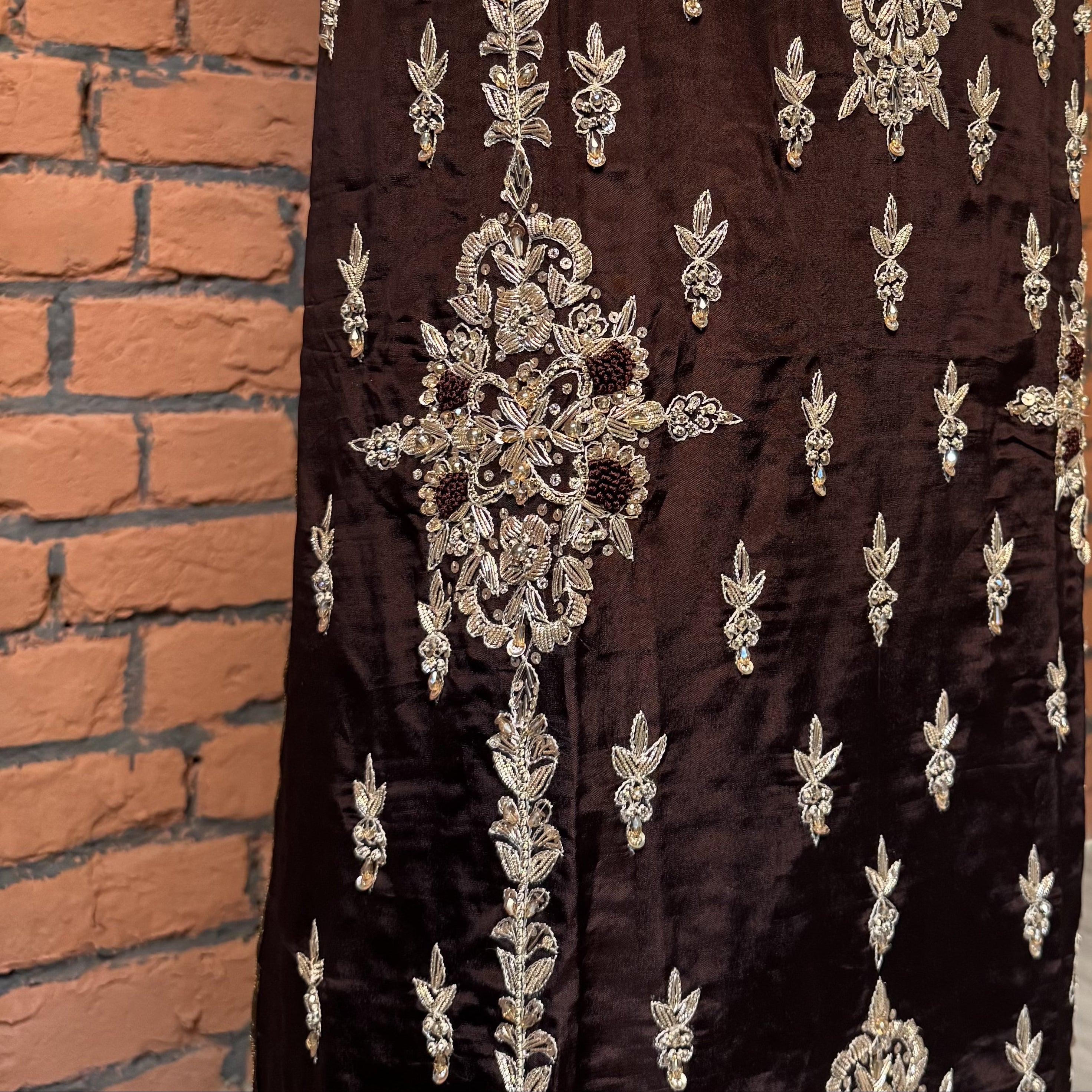 Party Wear Hand Work 4Pcs Unstitched Suit in Chocolate Brown – PW023