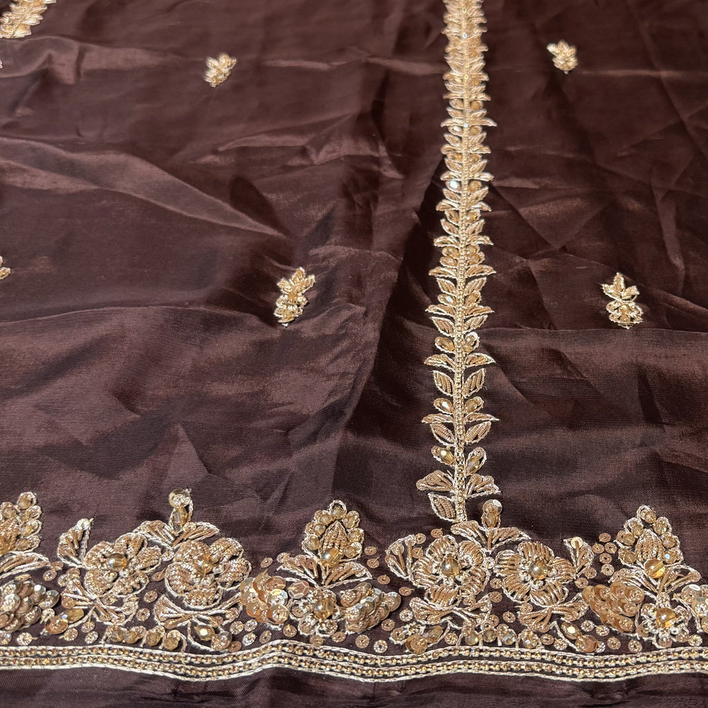 Party Wear Hand Work 4Pcs Unstitched Suit in Chocolate Brown – PW023
