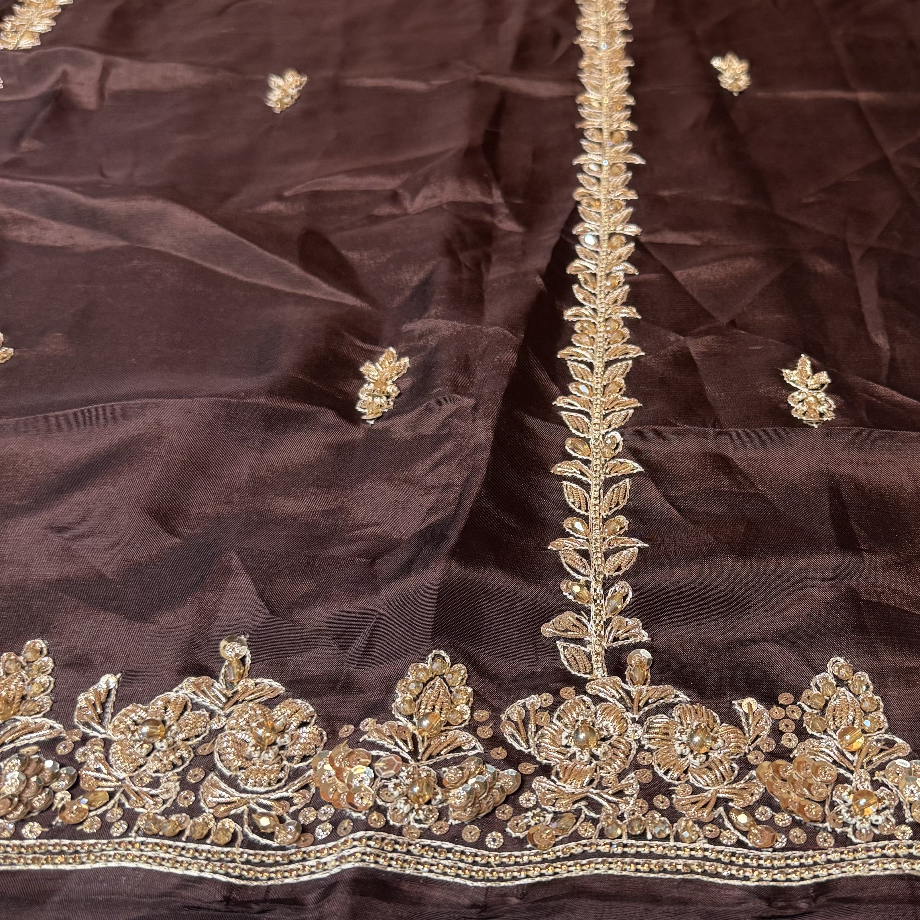 Party Wear Hand Work 4Pcs Unstitched Suit in Chocolate Brown – PW023