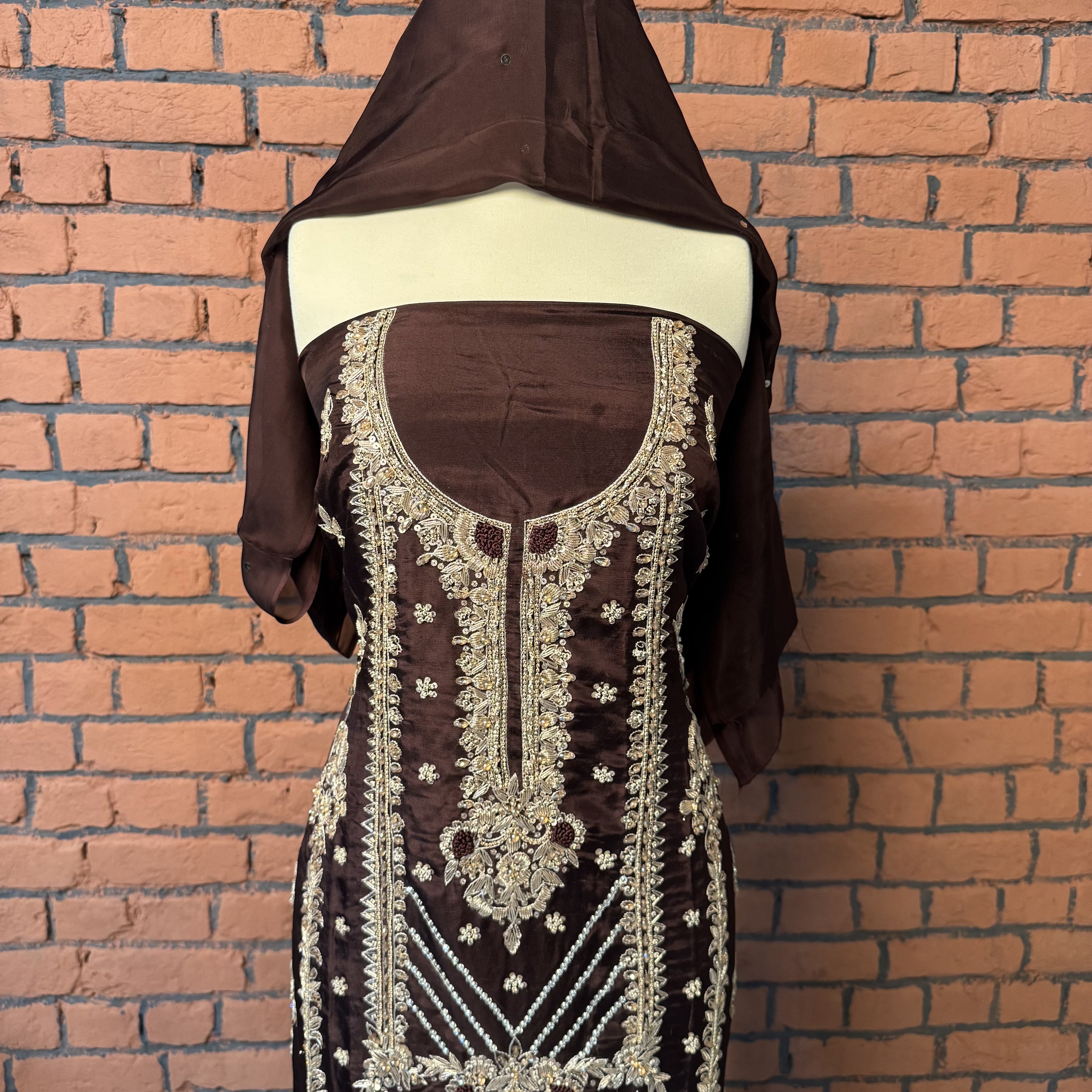 Party Wear Hand Work 4Pcs Unstitched Suit in Chocolate Brown – PW023