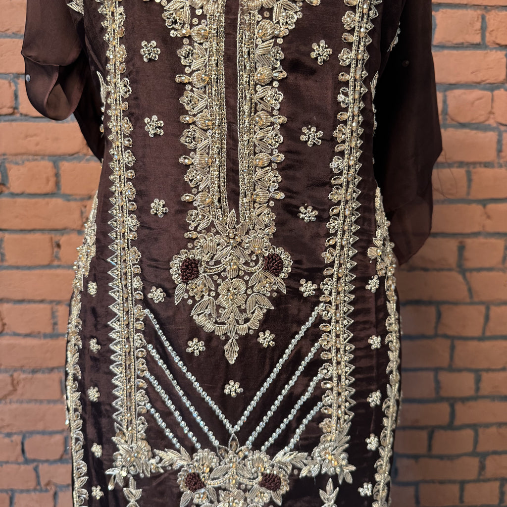 Party Wear Hand Work 4Pcs Unstitched Suit in Chocolate Brown – PW023