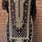 Party Wear Hand Work 4Pcs Unstitched Suit in Chocolate Brown – PW023