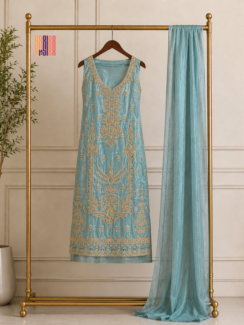 Party Wear Hand Work 4Pcs Unstitched Suit in Dark Aqua – PW010