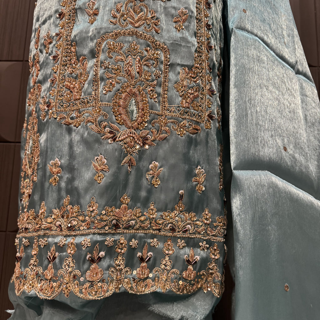 Party Wear Hand Work 4Pcs Unstitched Suit in Dark Aqua – PW010