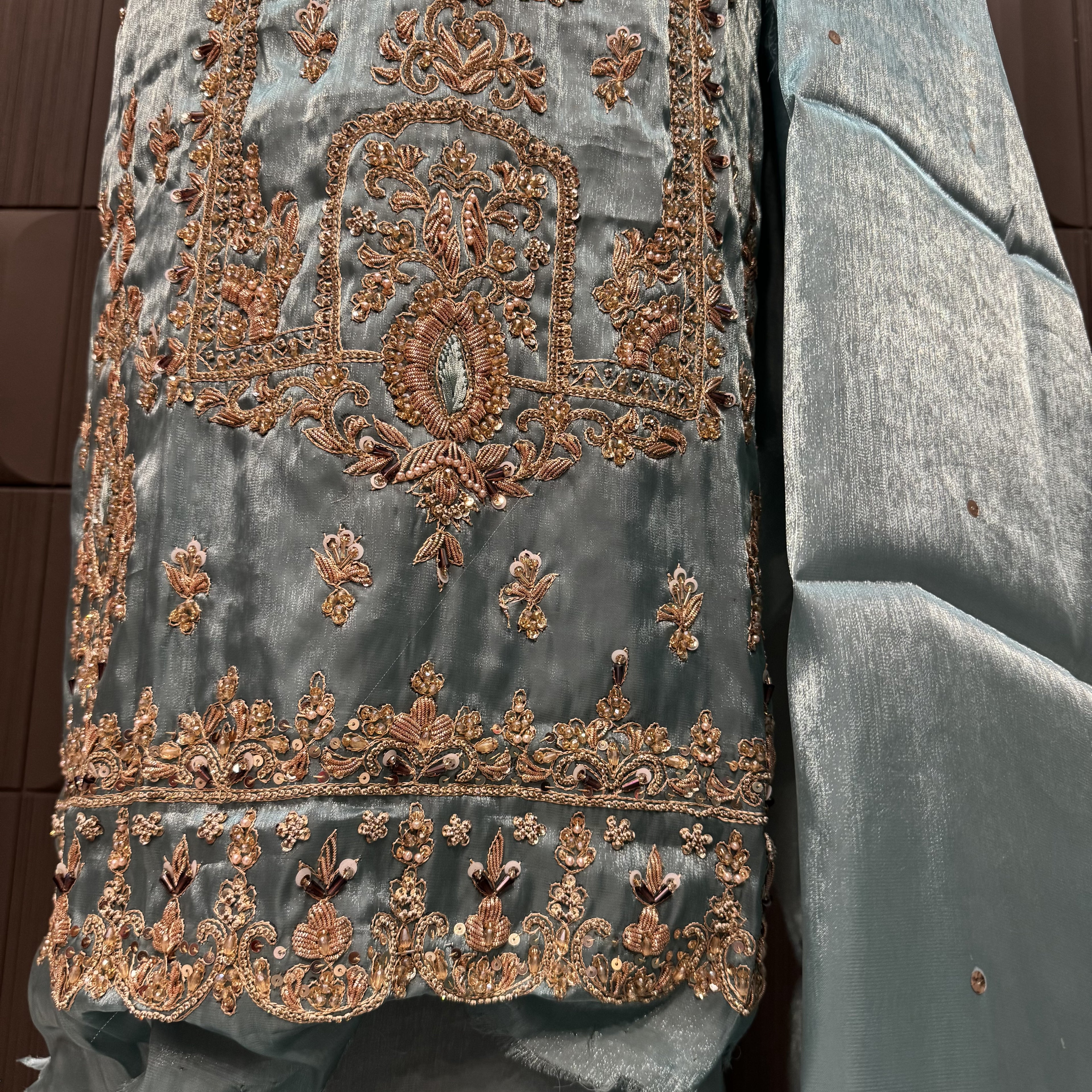 Party Wear Hand Work 4Pcs Unstitched Suit in Dark Aqua – PW010