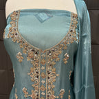Party Wear Hand Work 4Pcs Unstitched Suit in Dark Aqua – PW010
