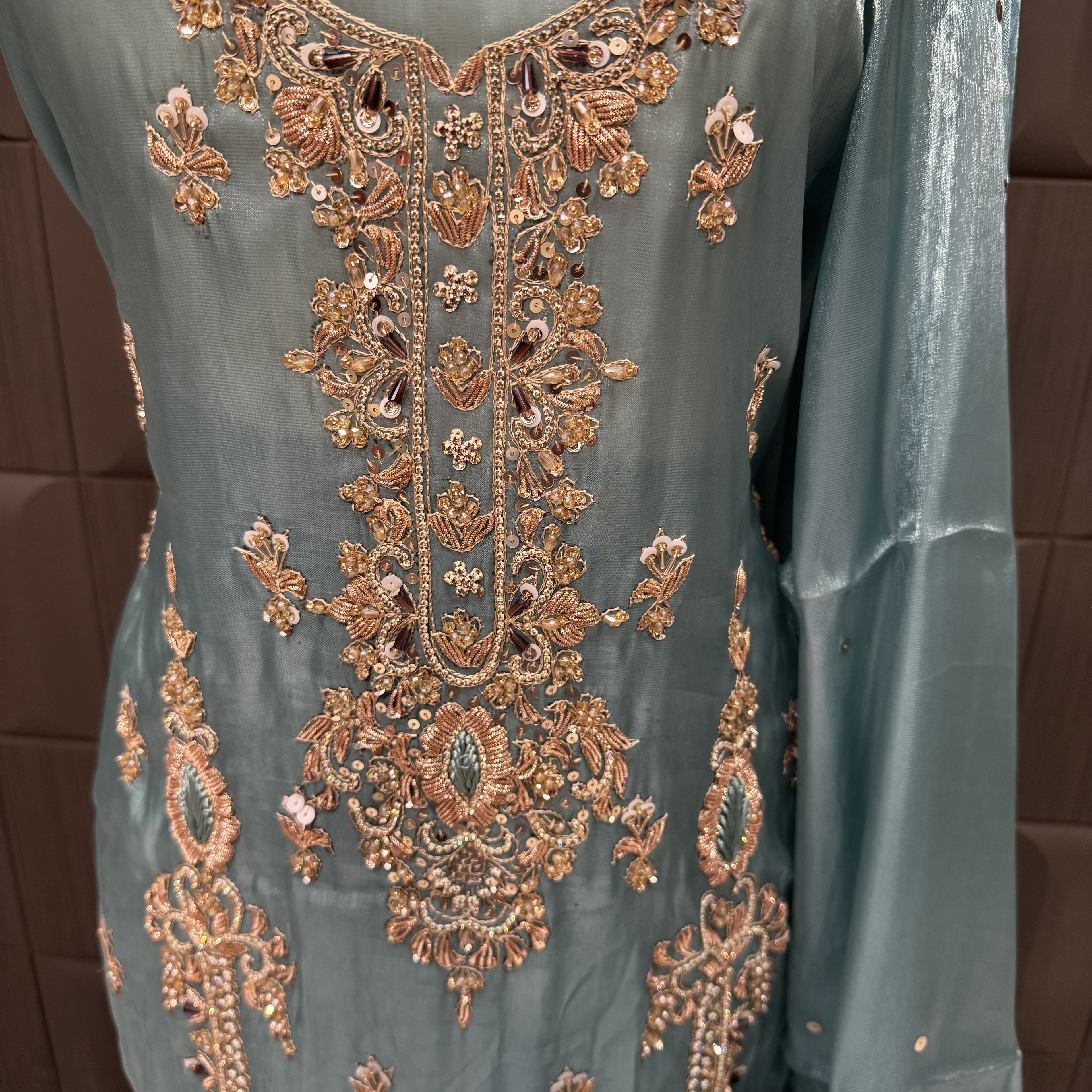 Party Wear Hand Work 4Pcs Unstitched Suit in Dark Aqua – PW010