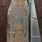 Party Wear Hand Work 4Pcs Unstitched Suit in Dark Aqua – PW010